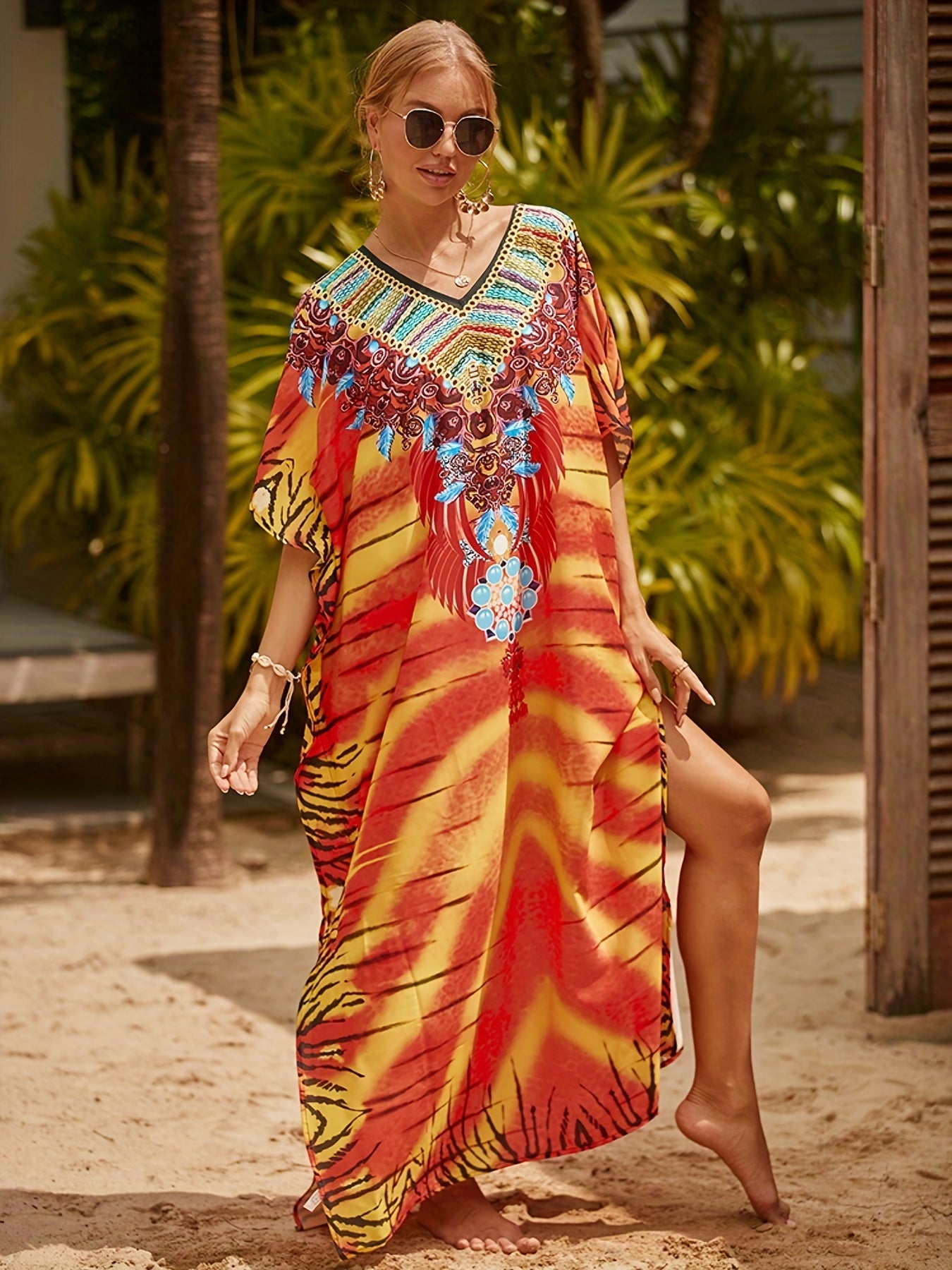 Floral Print Bat Sleeve V Neck Cover Up Dress