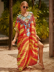 Floral Print Bat Sleeve V Neck Cover Up Dress