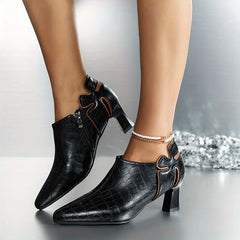 Chunky Heel Ankle Boots Pointed Toe Zipper High Heels Short Boots