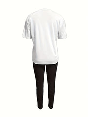 Abstract Face Print Two piece Set Crew Neck Short Sleeve Top & Skinny Pants