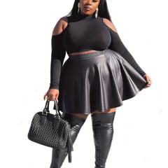 Sexy Skirt Women's Plus Solid Elastic Faux Leather High Rise A line...