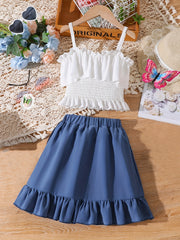 Girls Suspender Dress Set Sleeveless Top Elastic Skirt With Bow