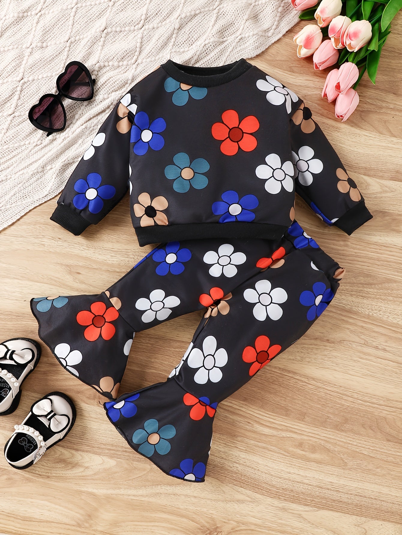 Baby Girls 2pcs Flower Graphic Ribbed Top Flared Pants Set