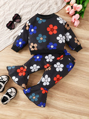 Baby Girls 2pcs Flower Graphic Ribbed Top Flared Pants Set