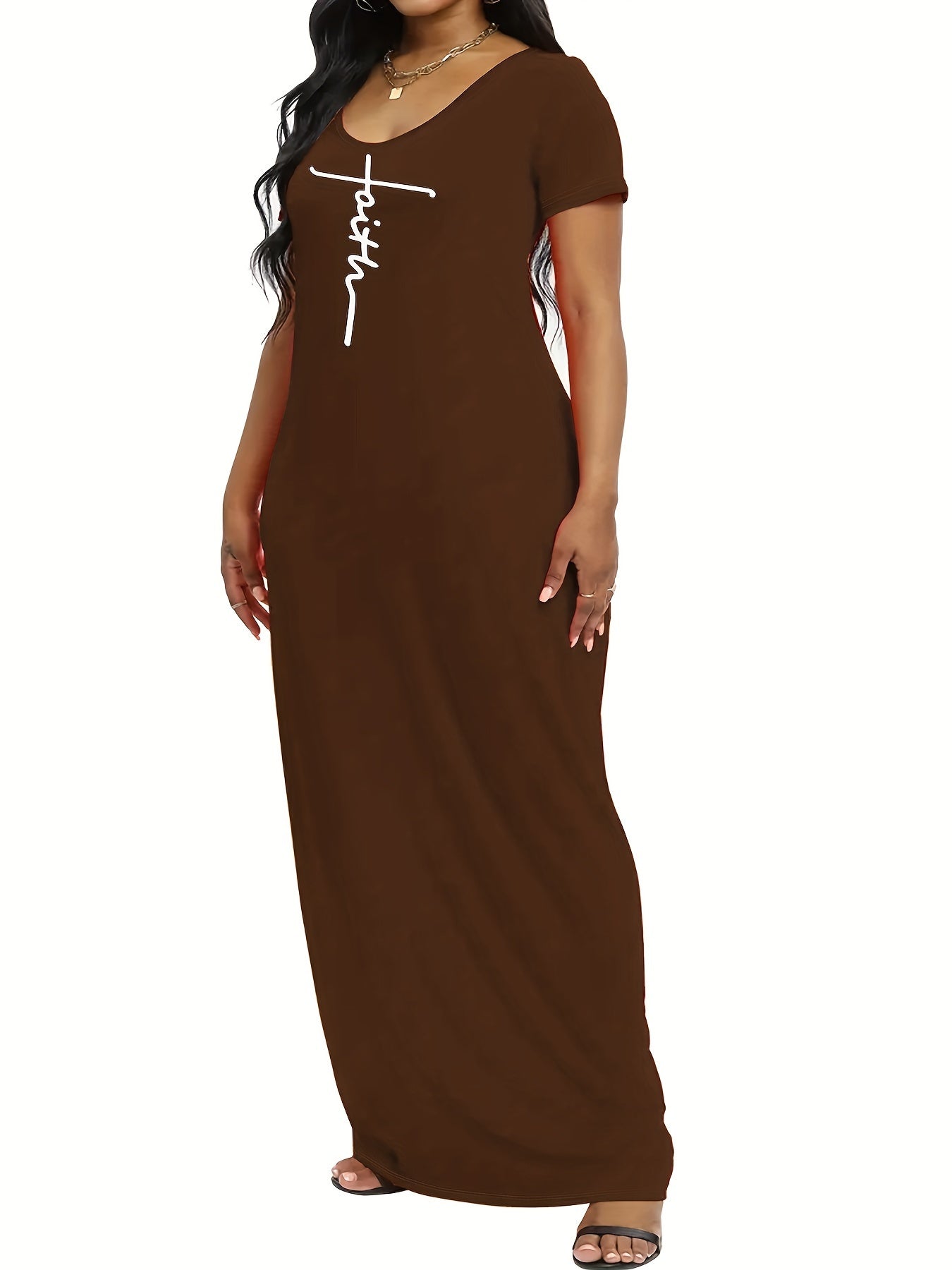 Letter Print Short Sleeve V Neck Maxi Dress