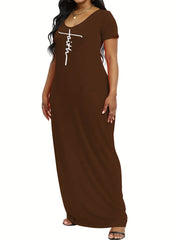 Letter Print Short Sleeve V Neck Maxi Dress