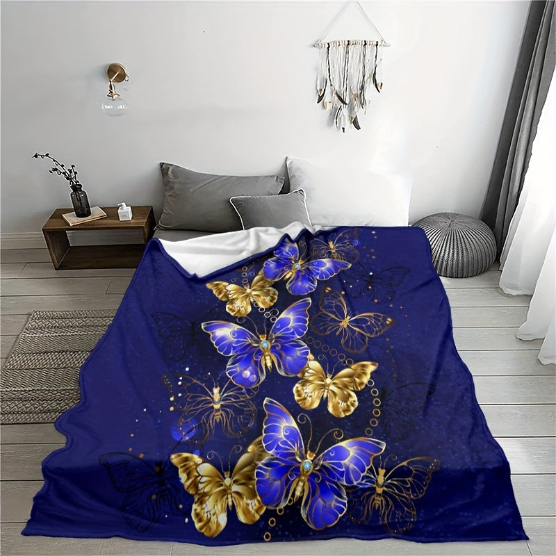 Flannel Purple Butterfly Printed Blanket Soft & Warm for Sofa Bed Office Travel
