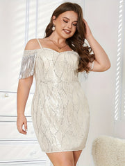 Women's Sequin Tassel Trim Cold Shoulder Midi Dress