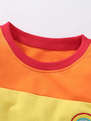 Girl's Rainbow Colorblock Stitching Embroidery Long Sleeve Dress