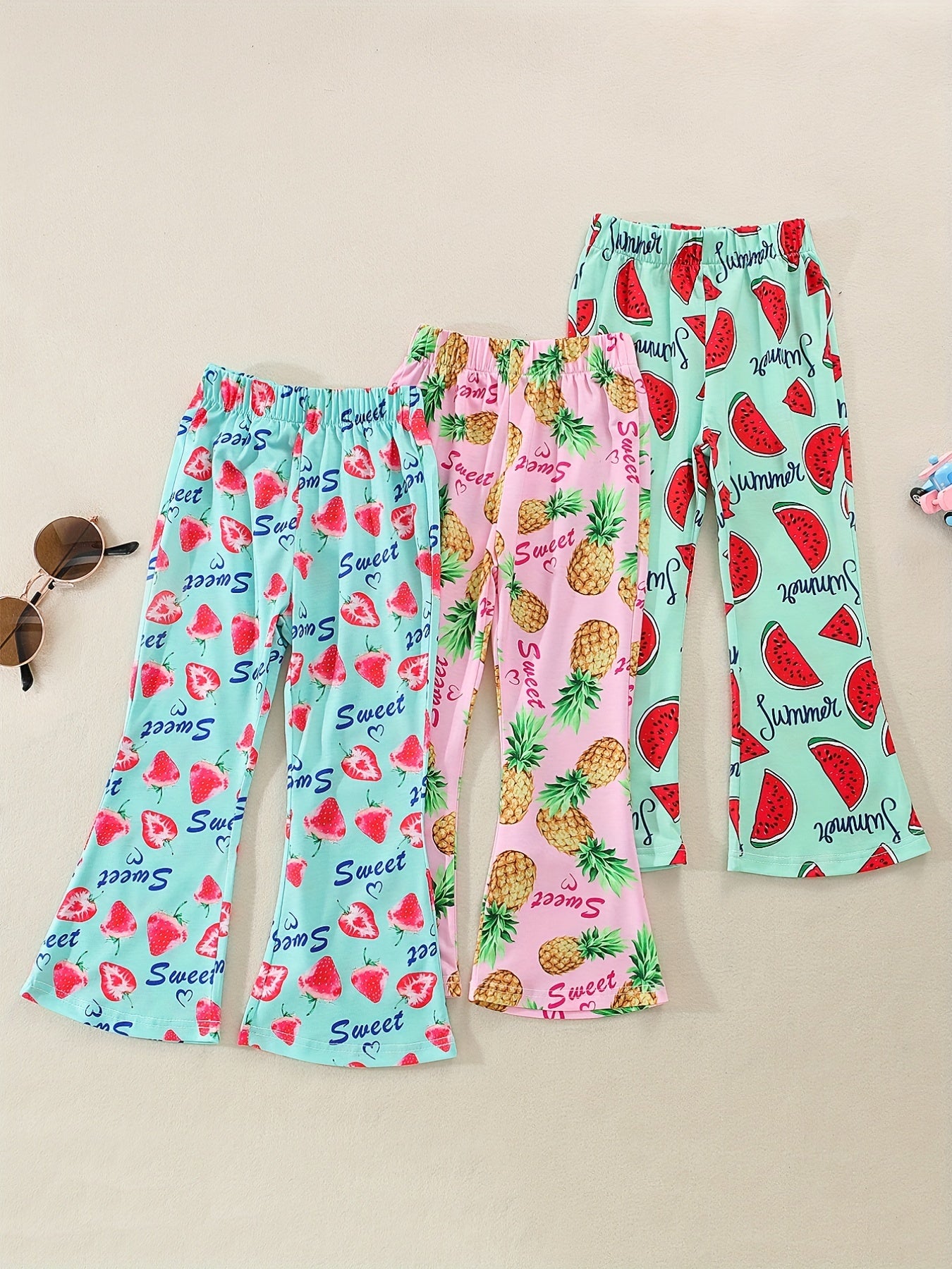 3pcs Girls Fruits Print Flared Pants Set for Kids