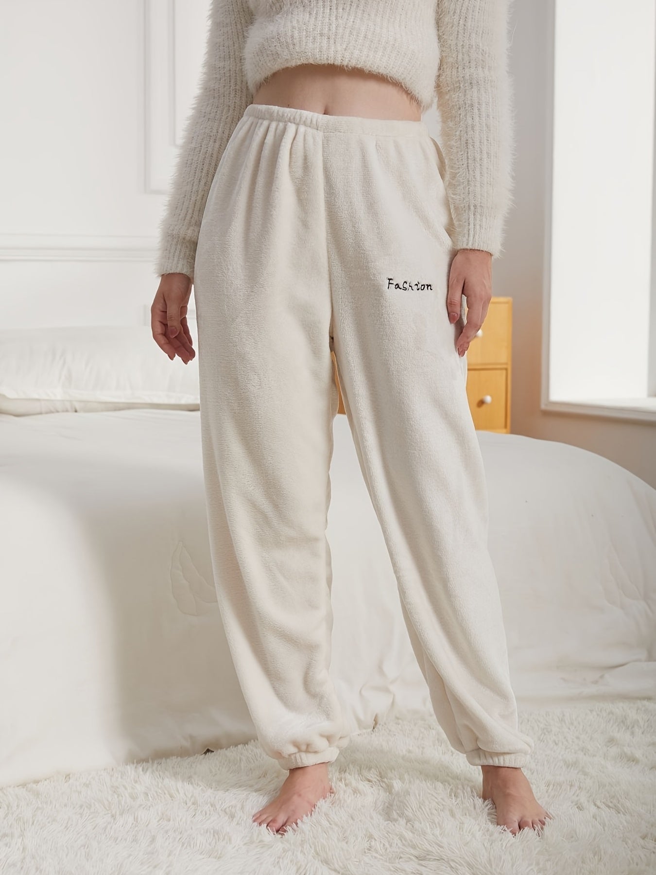 Letter Embroidery Lounge Pants Warm & Soft Fuzzy Elastic Waistband