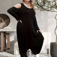 Women's Plus Size Cold Shoulder Round Neck Jumpsuit
