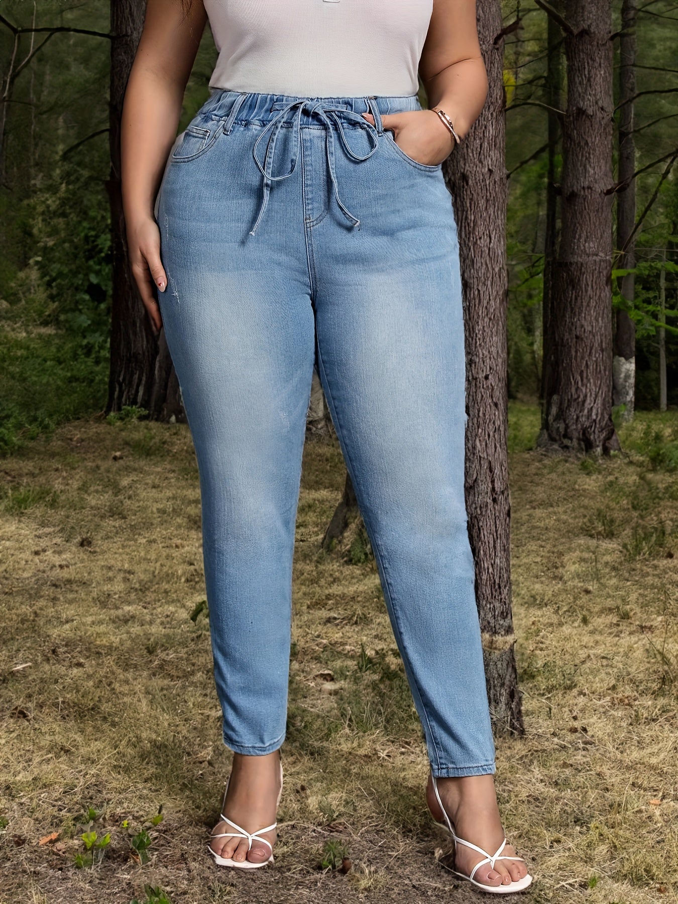 Casual Jeans Women's Plus Washed Elastic Drawstring Skinny