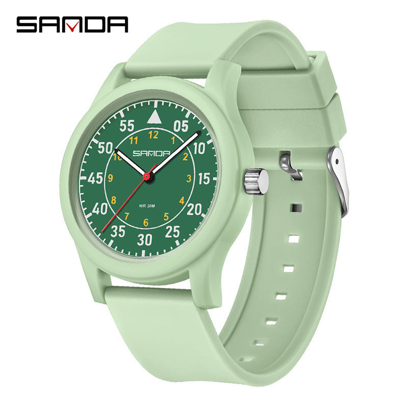 Sanda Unisex Quartz Watch Green Dial Red Hands Stainless Steel Case