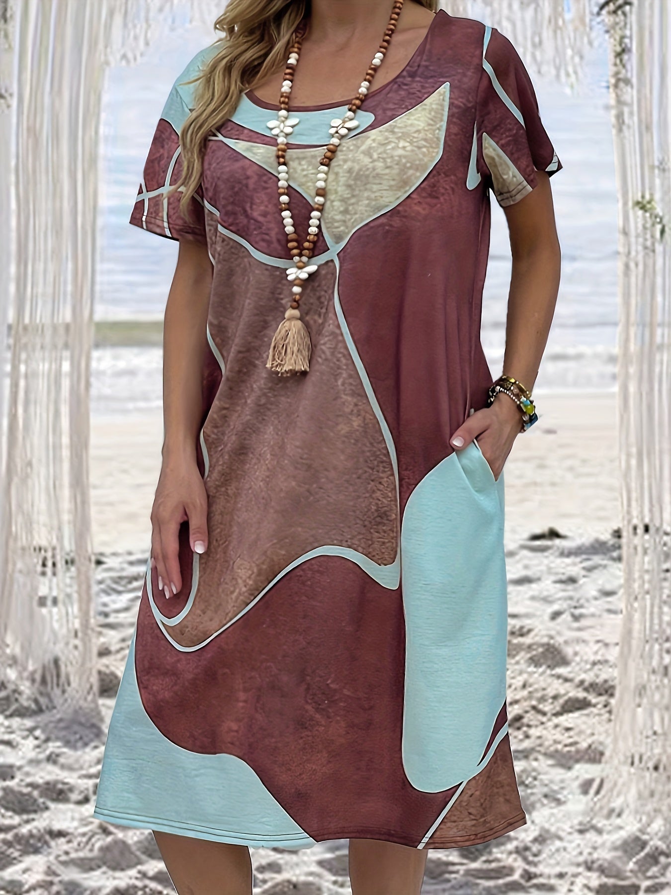 Casual Plus Size Dress with Pockets, Short Sleeve Print Round Neck