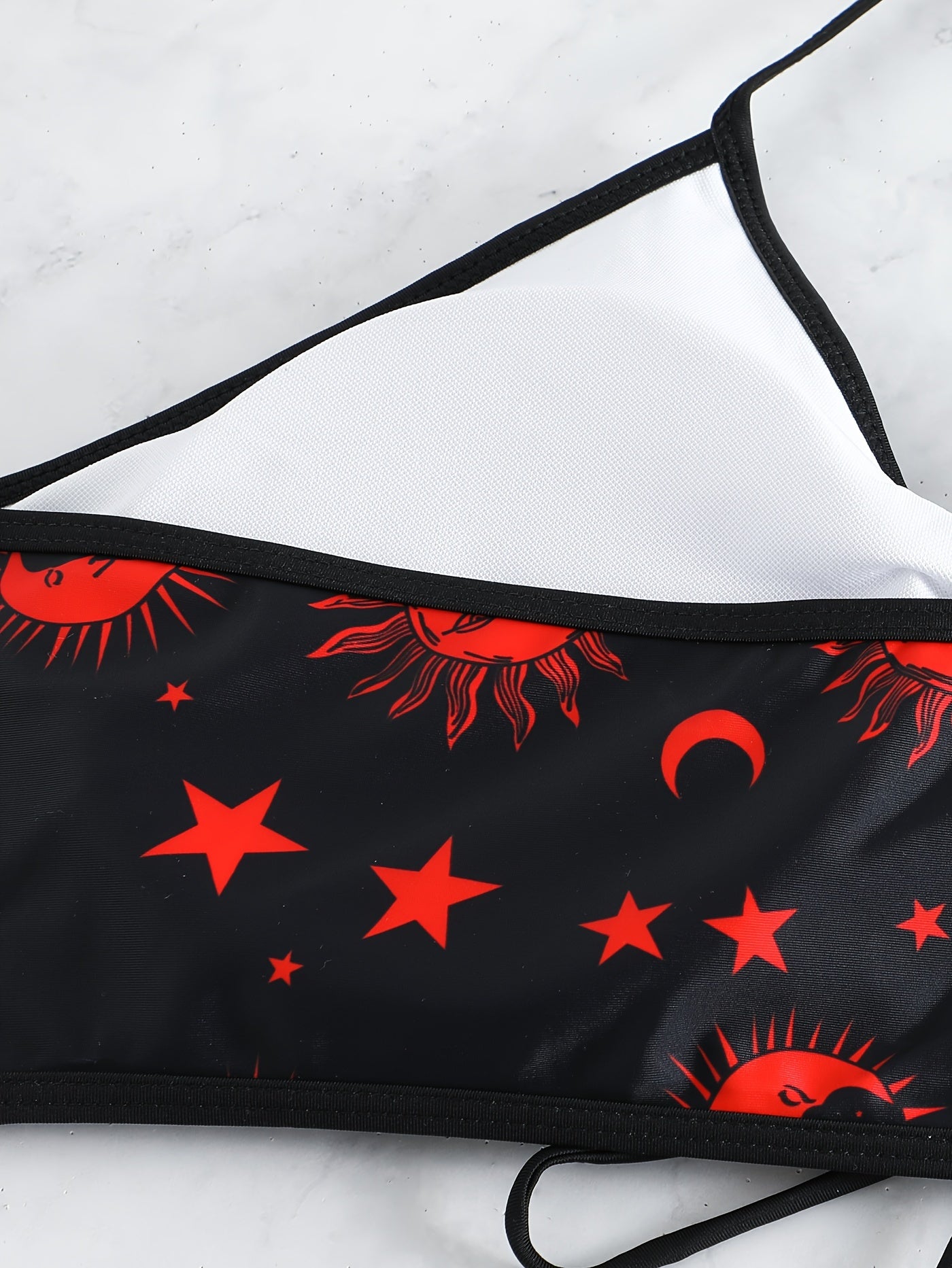 Gothic Bikini Set Sun & Moon Print Lace Up Halter Bra & Panty Swimsuit