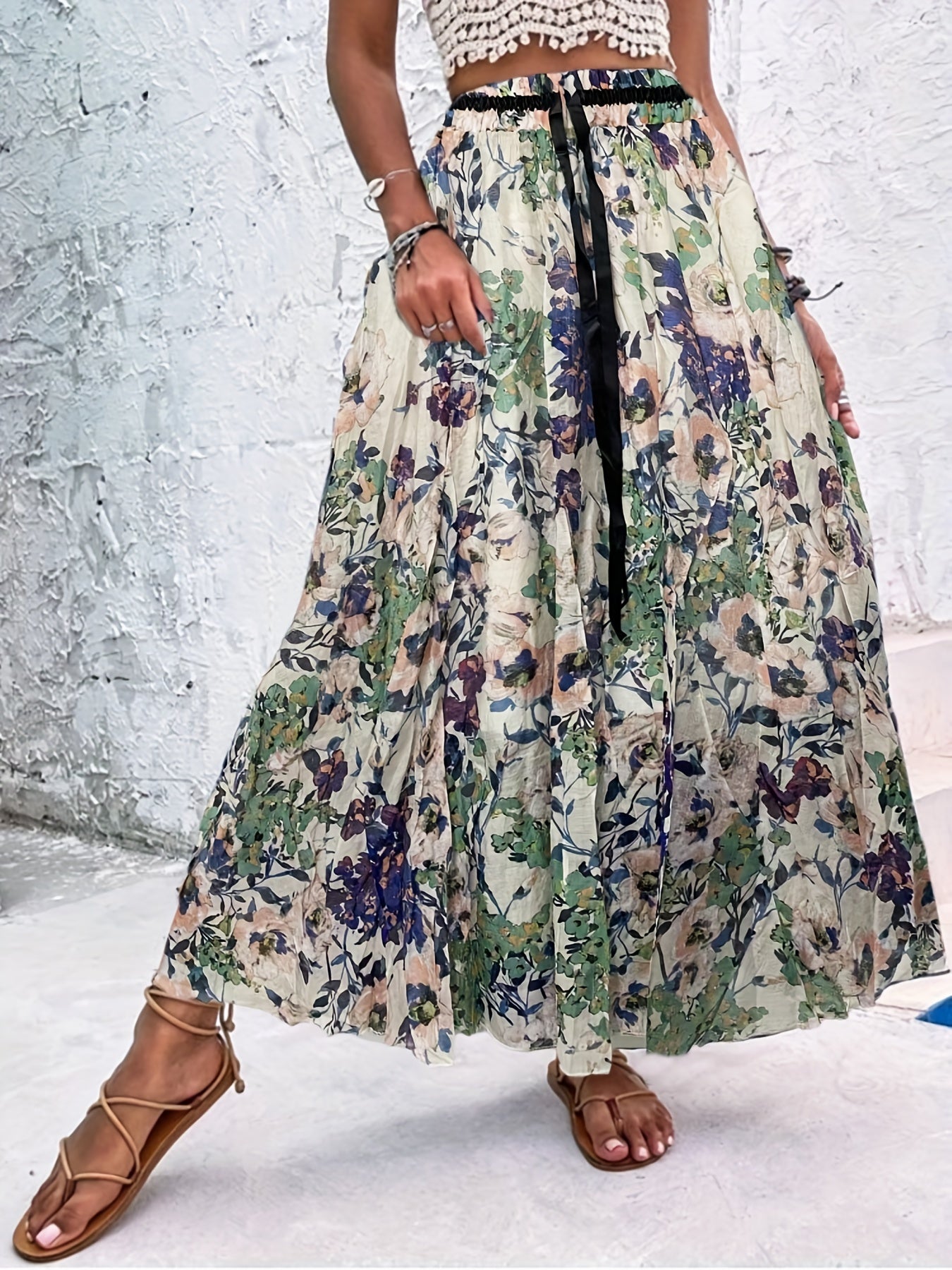 Floral Print Drawstring Skirt High Waist Pleated Casual Style
