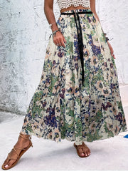 Floral Print Drawstring Skirt High Waist Pleated Casual Style