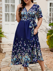 Floral Print Short Sleeve Wrap Dress With Belt