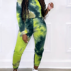 Tie Dye Print Crop Top & Sweatpants Set Plus Size Women's Casual 2pcs Outfit
