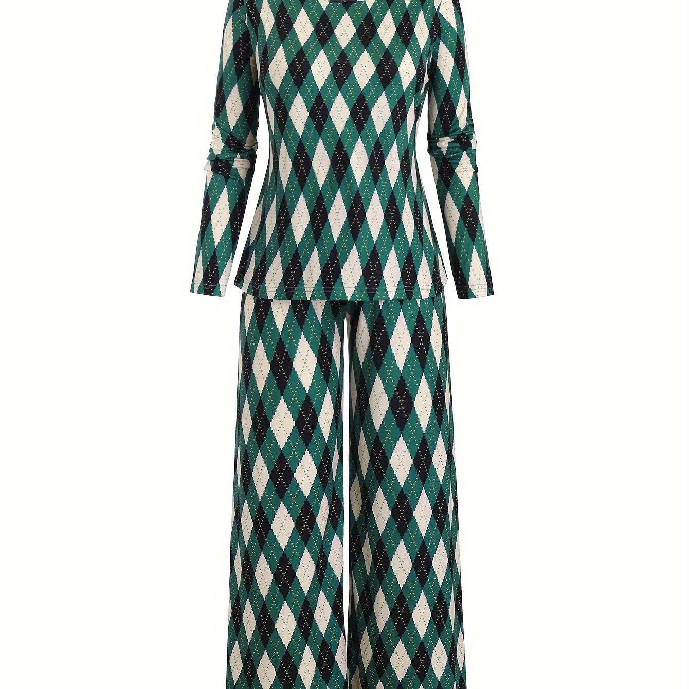 Argyle Print Long Sleeve Tee & Loose Pants Pajamas Set
