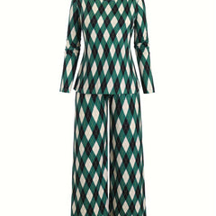 Argyle Print Long Sleeve Tee & Loose Pants Pajamas Set
