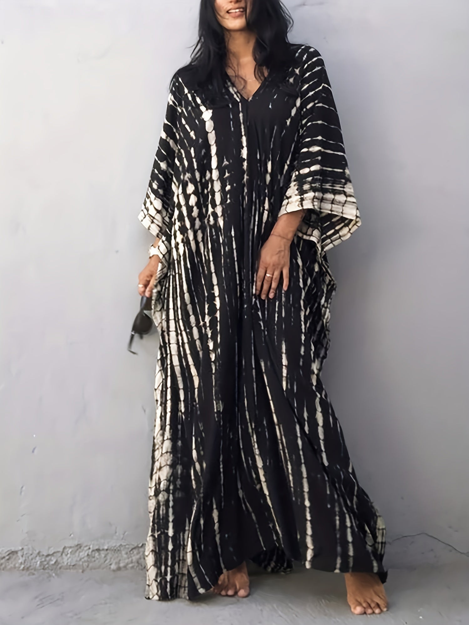 Tie Dye Split Beach Resort Maxi Kaftan Cover Up Dress Kimono Sleeve V Neck