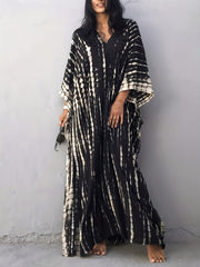 Tie Dye Split Beach Resort Maxi Kaftan Cover Up Dress Kimono Sleeve V Neck