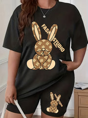 Cartoon Rabbit Print Top & Shorts Set