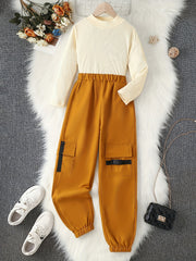 Girl's 2pcs Ribbed Top & Cargo Pants Set - Street Style