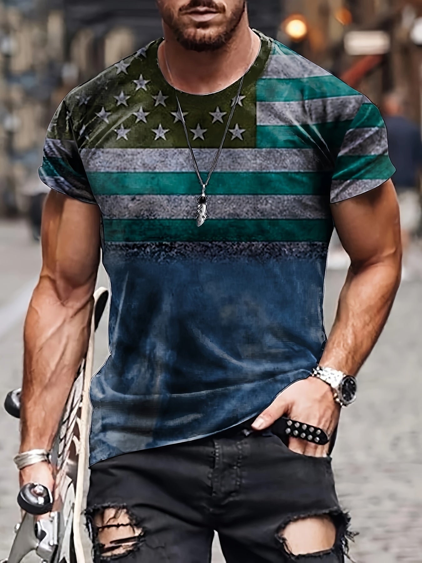 Flag Print T shirt Men's Casual Street Style Stretch Round Neck Tee Shirt