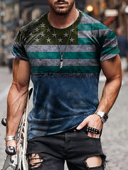 Flag Print T shirt Men's Casual Street Style Stretch Round Neck Tee Shirt