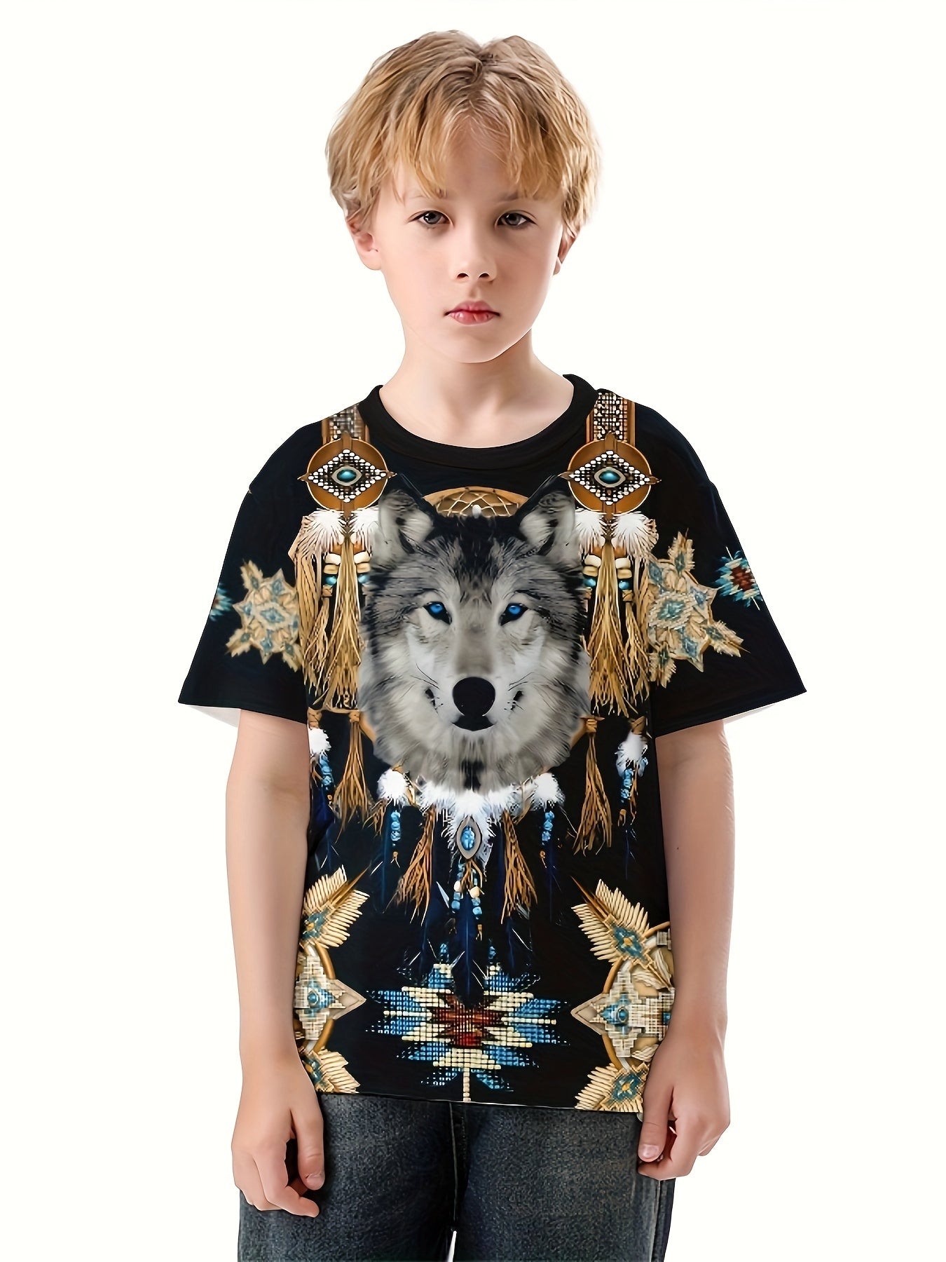 Wolf 3D Print Boy's Tee Short Sleeve Crew Neck Comfy T-shirt Kids Summer Sports
