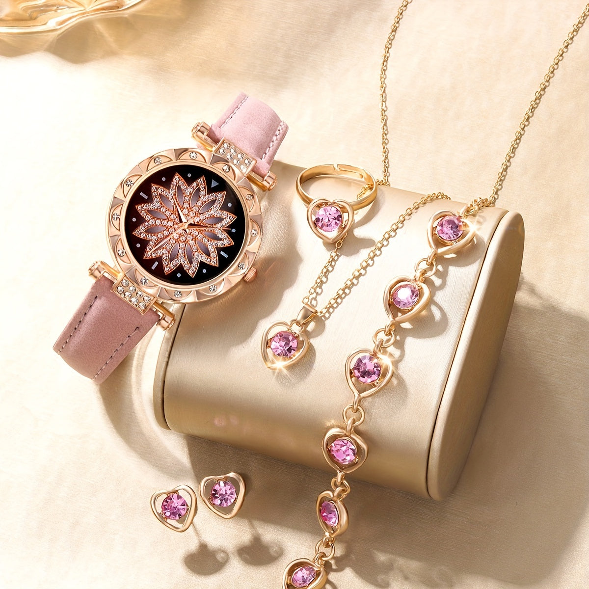 1pc Rhinestone Quartz Watch & 5pcs Purple Jewelry Set for Kids