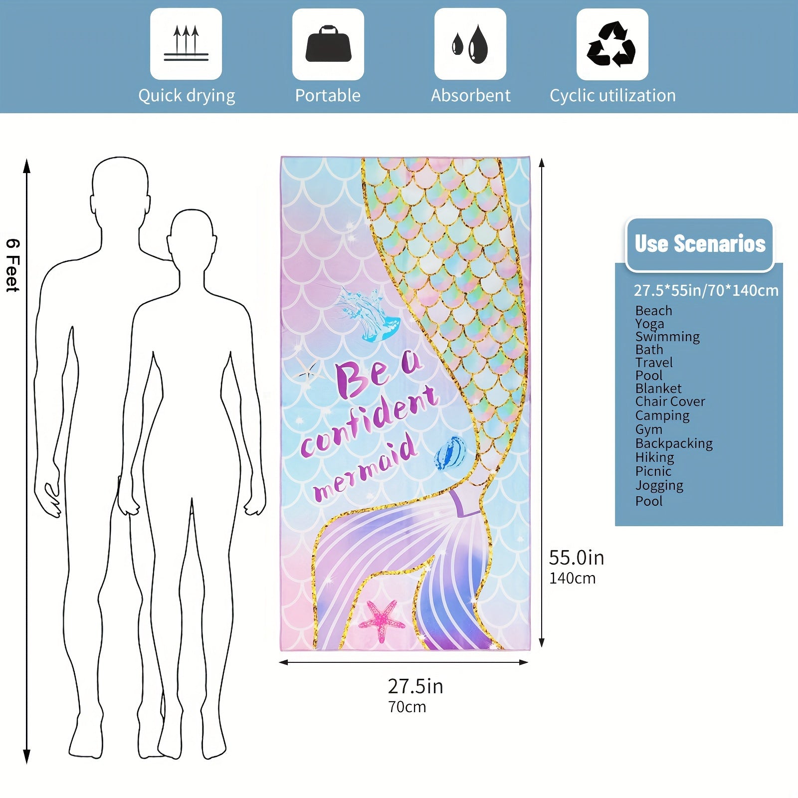 Microfiber Beach Towel Quick Drying 27.5 x 55 Water Absorbent Soft Towel