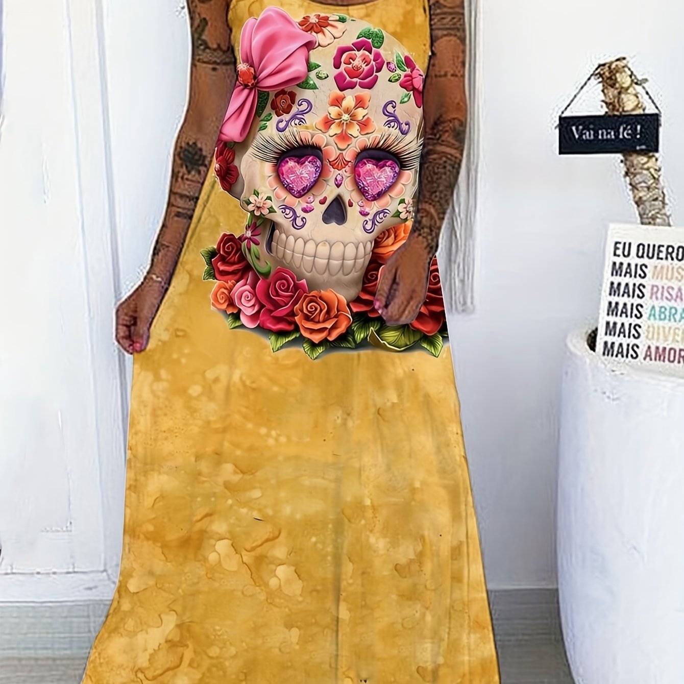 Skull Print Maxi Dress Round Neck Tie Front Plus Size Gothic Dress