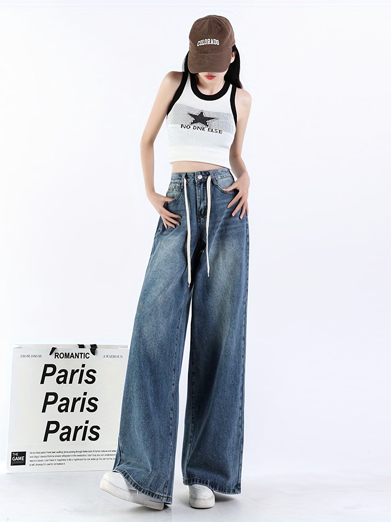 Wide Leg Straight Jeans Non Stretch Slash Pockets