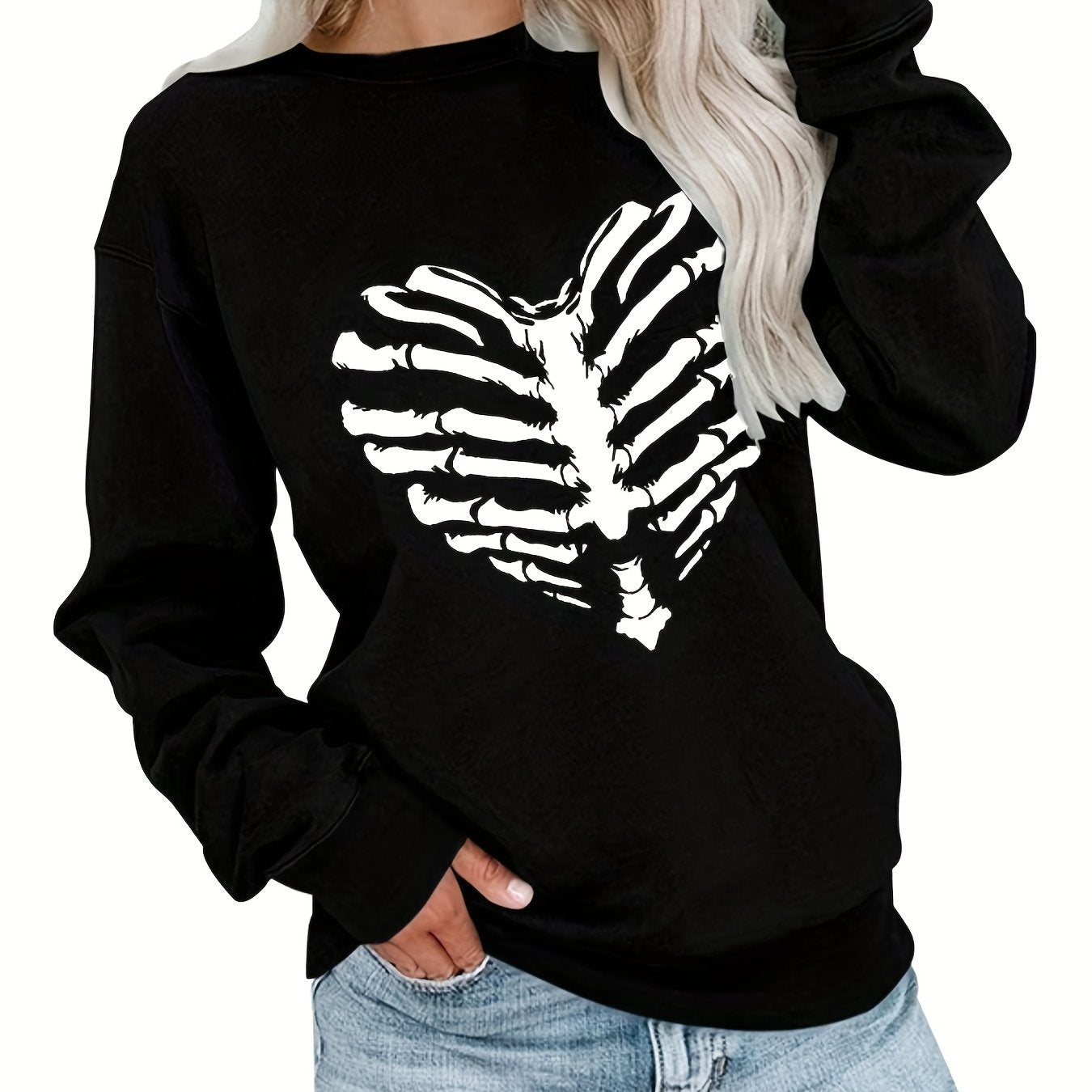 Skeleton Print Crew Neck Sweatshirt Long Sleeve