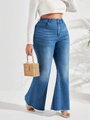 Washed Button Fly Flared Leg Jeans with Fringe Trim