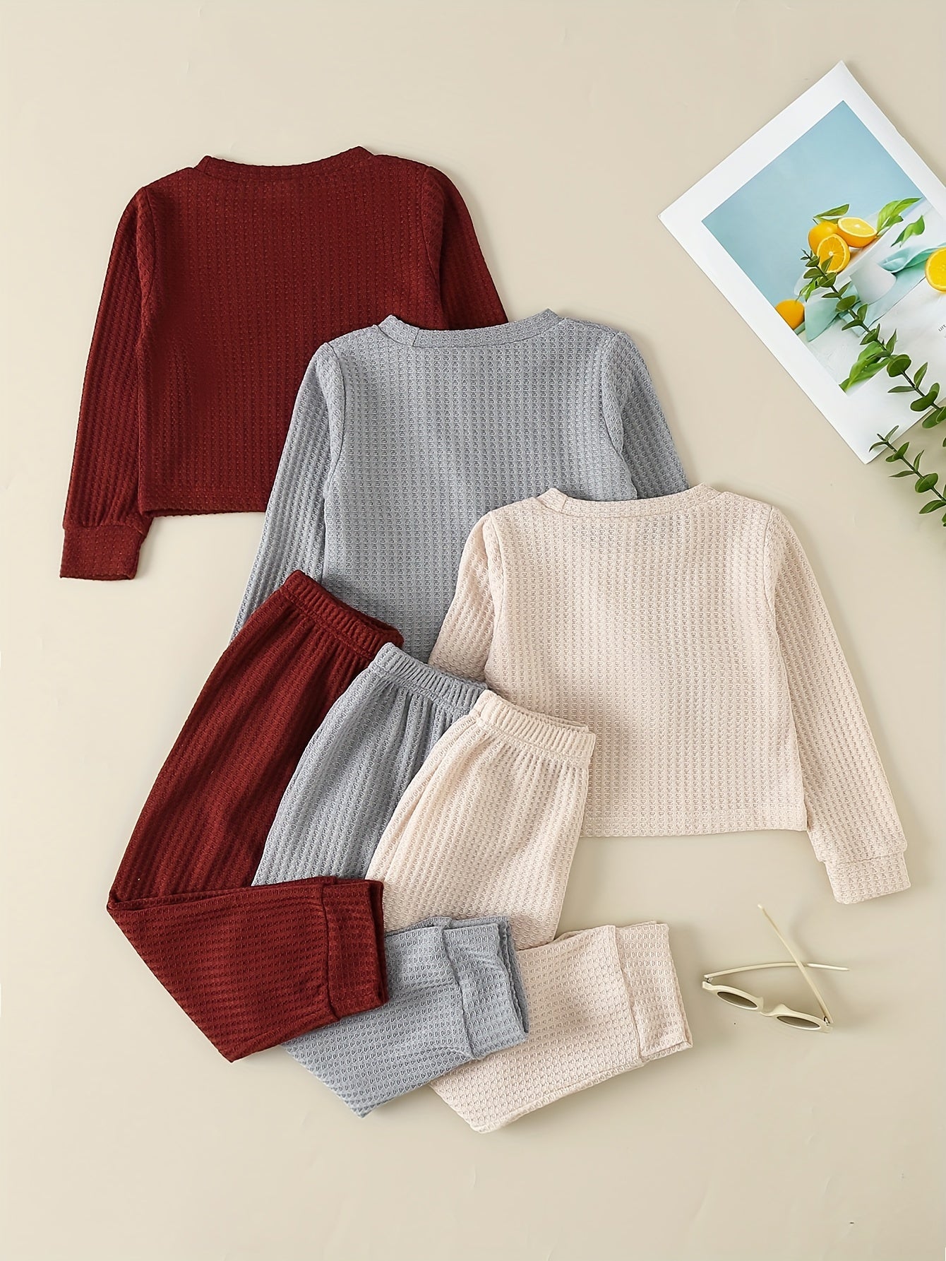 Girl's Waffle Sweatshirt & Sweatpants Set, Casual Outfit for Spring Fall
