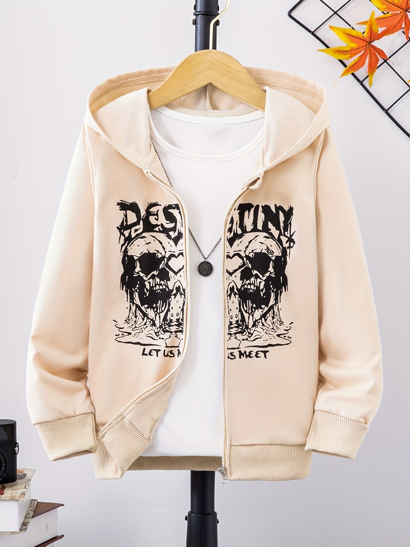 Funny Skull Print Boys Zip Up Hoodie with Pockets