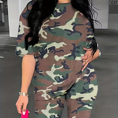 Camouflage Print Two Piece Set Casual T-shirt & Skinny Shorts