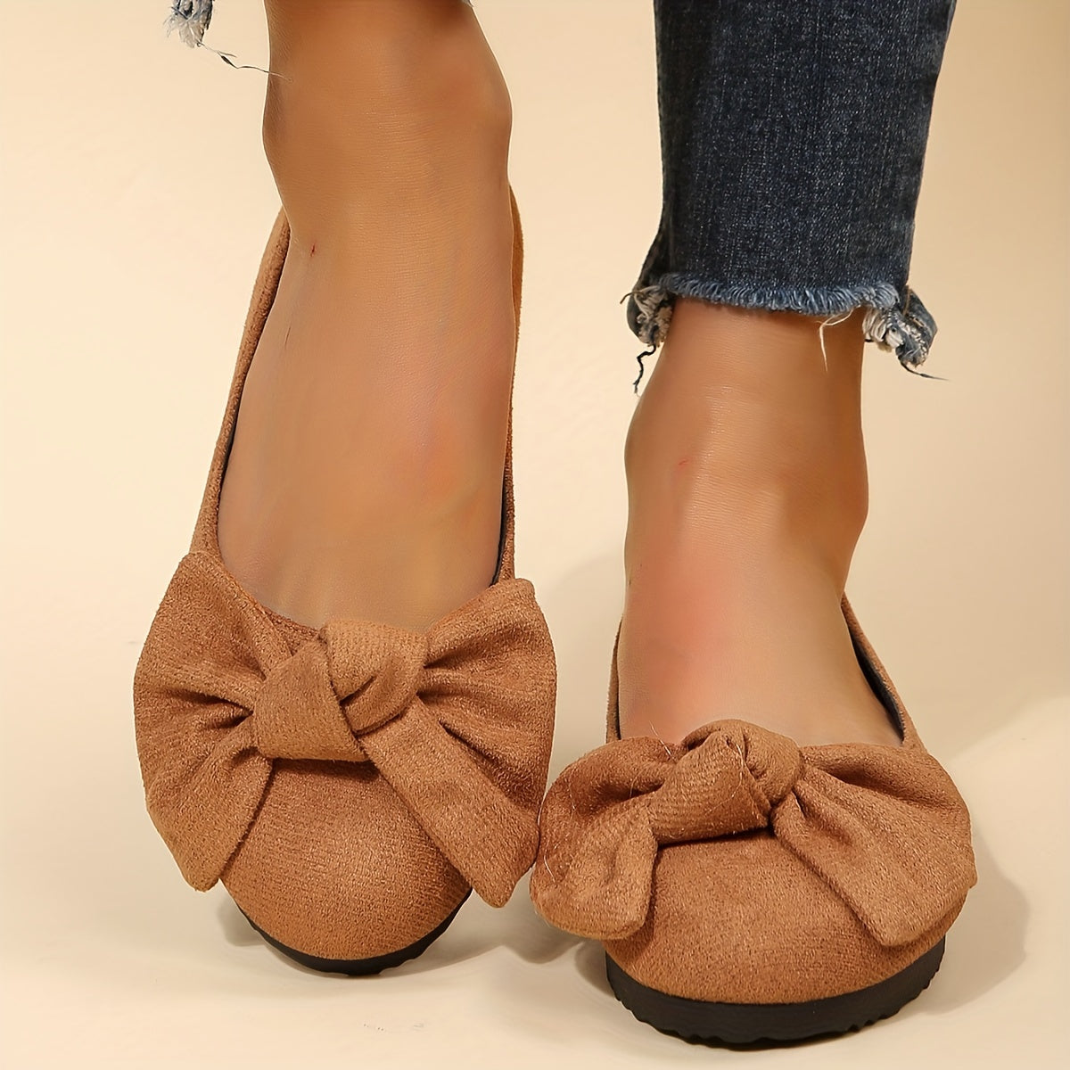 Women's Bow Tie Decor Flat Shoes Slip on Round Toe Lightweight Solid Casual Shoe