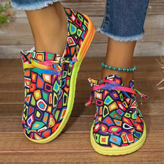 Women's Geometric Pattern Sports Shoes Lace up Low Flat Walking Shoes