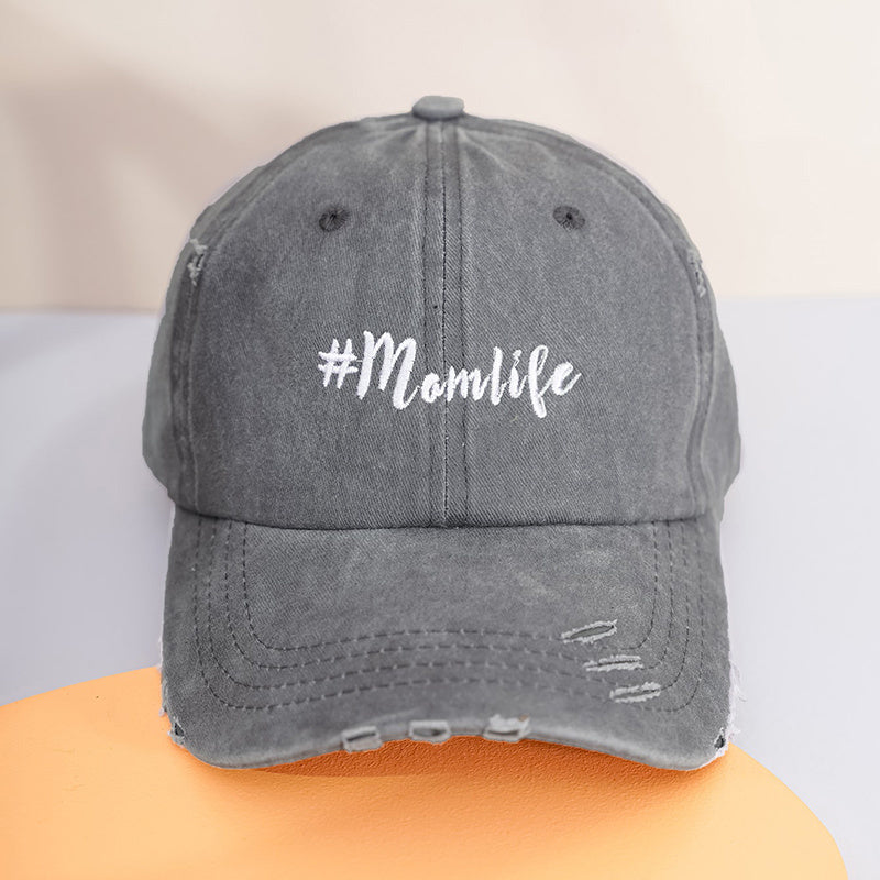 MOM LIFE Embroidery Baseball Cap Ripped Washed Ponytail Hat Sun Visor
