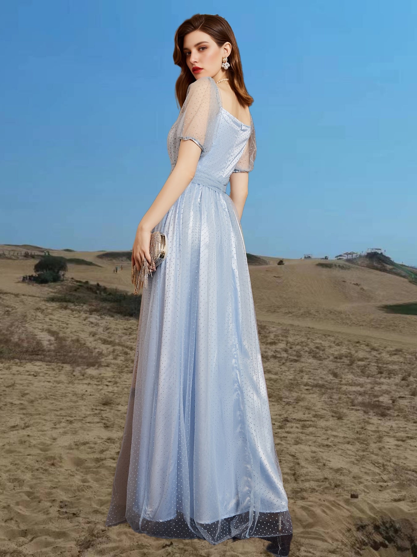 Mesh Short Sleeve Dress Square Neck Bridesmaid Party Guest Evening Gown Dress