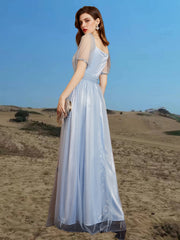 Mesh Short Sleeve Dress Square Neck Bridesmaid Party Guest Evening Gown Dress