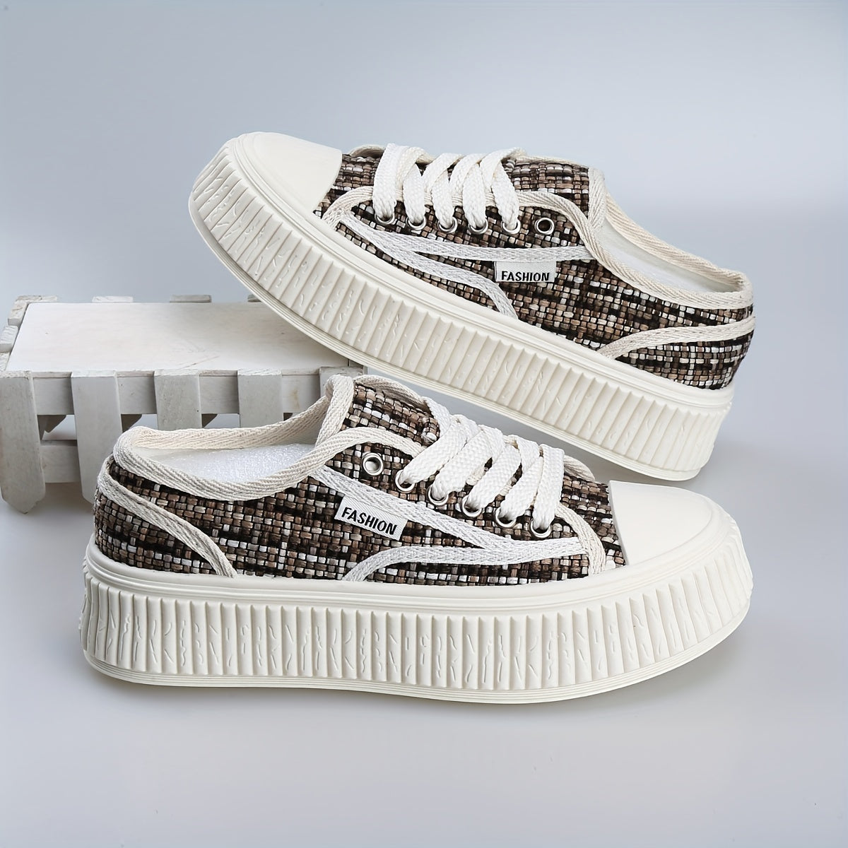 Brown Platform Canvas Shoes Lace Up Outdoor Sneakers