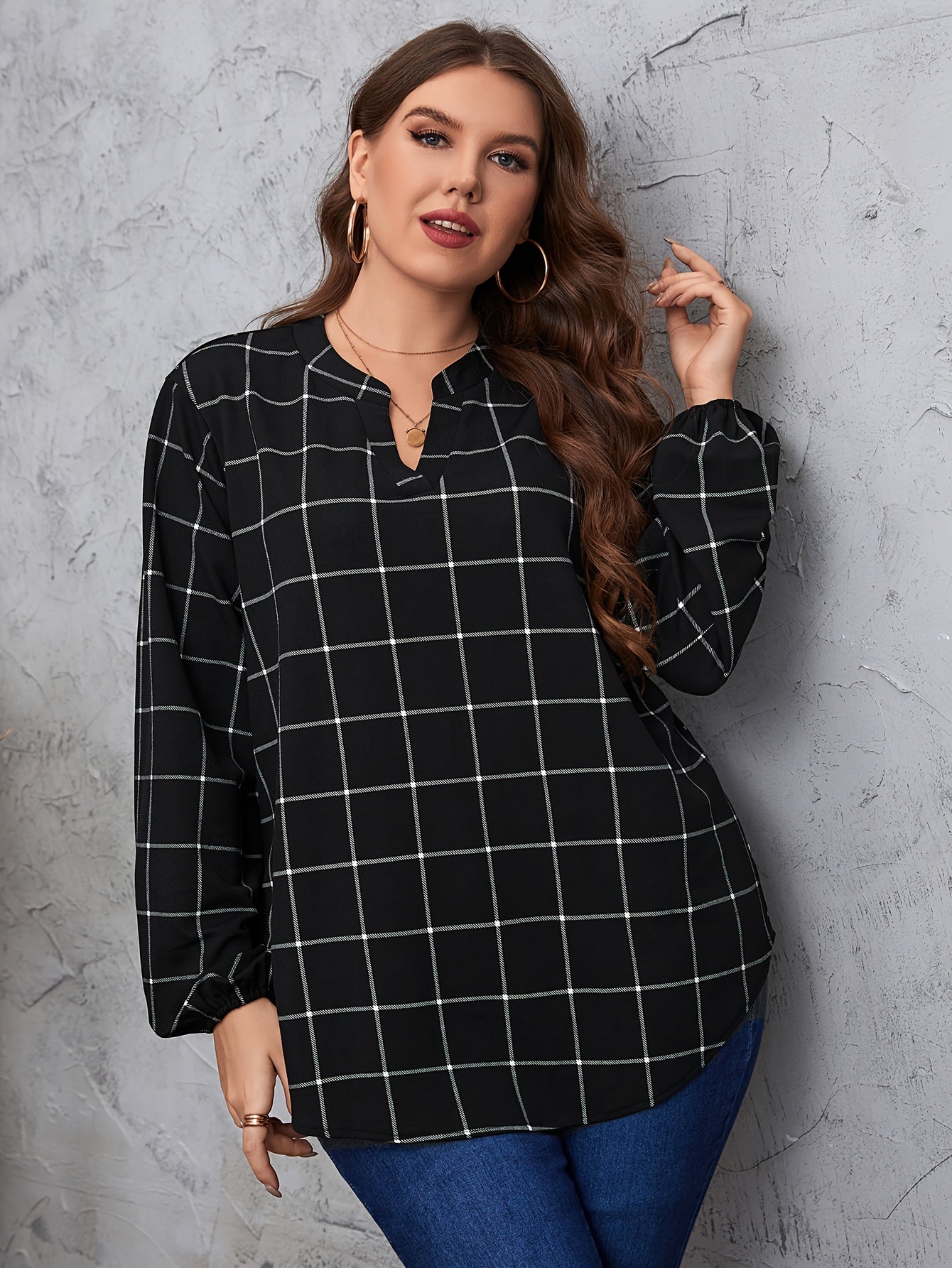Grid Print Lantern Sleeve Notched Neck Blouse