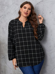 Grid Print Lantern Sleeve Notched Neck Blouse